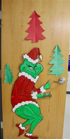 Grinch in Santa suit with three pine trees - green and red