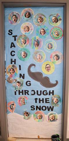 Picture of large mustache and mini pictures with the words, staching through the snow